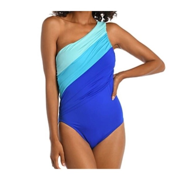 La Blanca Shirred Colorblocked One-Shoulder One-Piece Size 10 Blue New - Picture 1 of 8